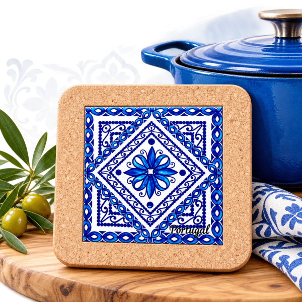 Topfuntersetzer Azulejo im Kork – 10 × 10 cm | Blaues Design