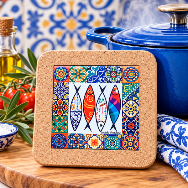 Topfuntersetzer Azulejo im Kork – 10 × 10 cm | Sardinen bunt Design