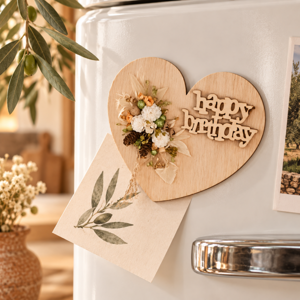 Handmade wooden magnet with dried flowers