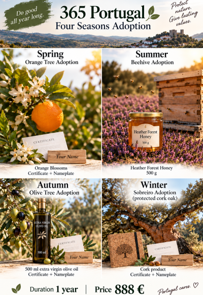 Experience Portugal through all four seasons with four unique adoptions: an orange tree, beehive, olive tree and cork oak. Personalized certificates, regional products and seasonal updates included.  